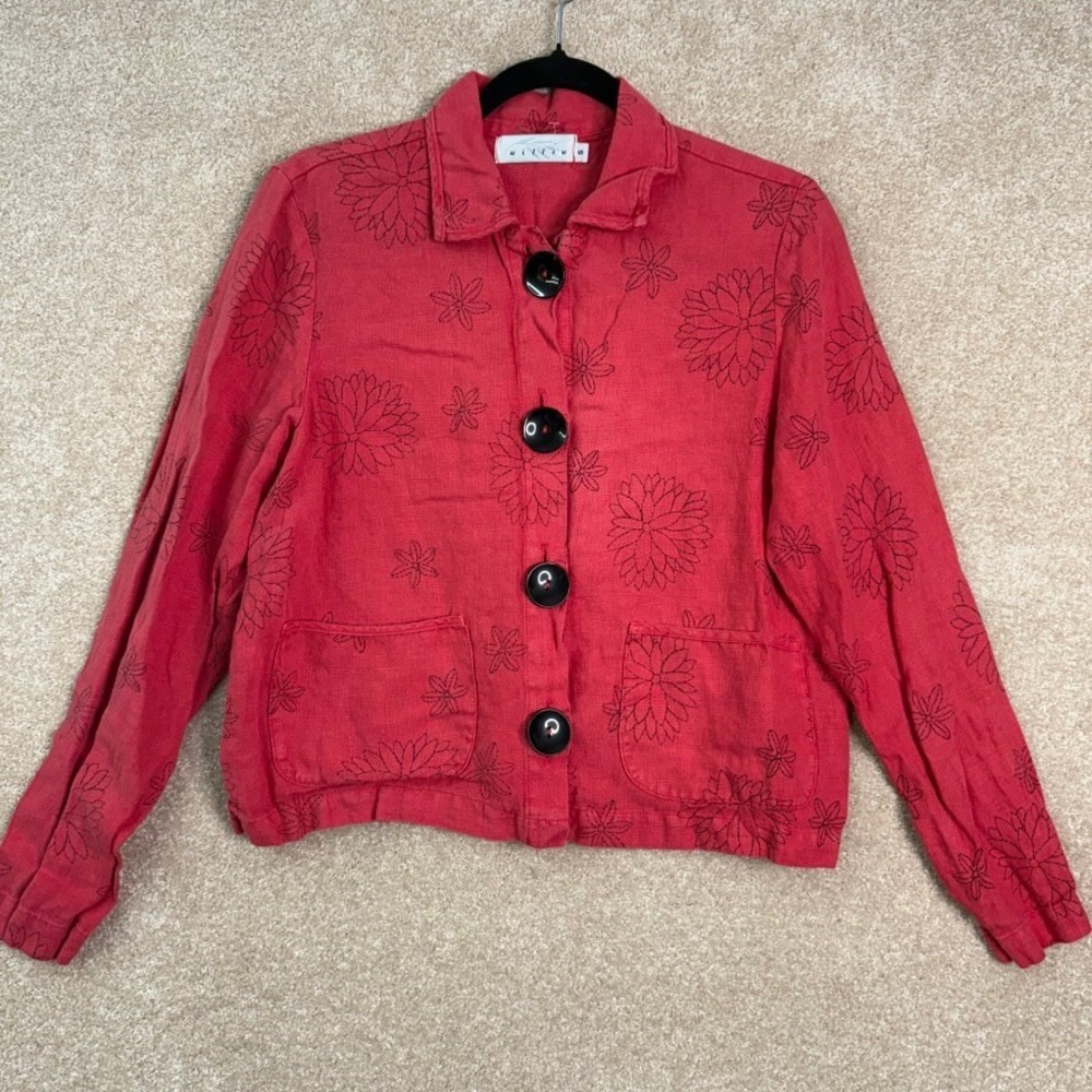 WILLOW 100% Linen‎ Floral Jacket Women's Small Red Button Front Lagenlook Boho